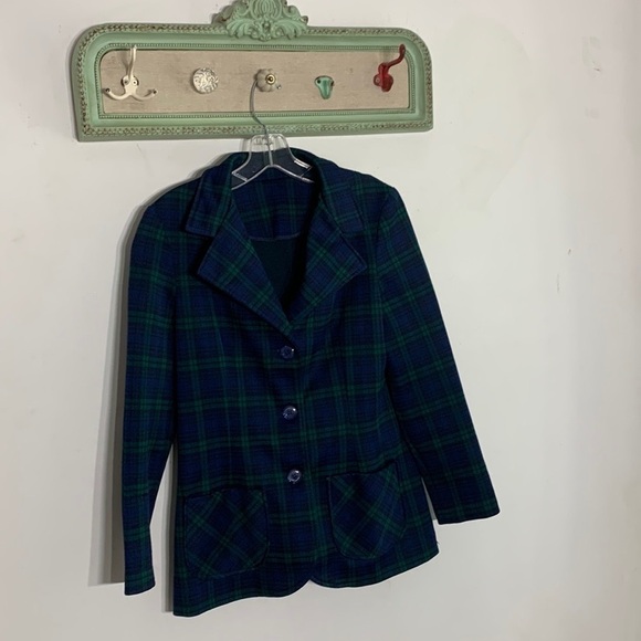 Vintage blazer navy blue green plaid preppy academia jacket 14 women’s - Picture 1 of 8